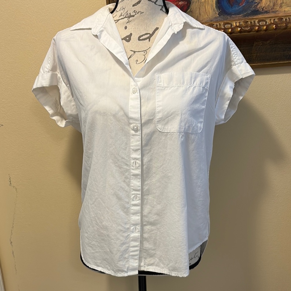 Lola River White Button-Up Front & Back Short Cuff Sleeve Cotton Shirt